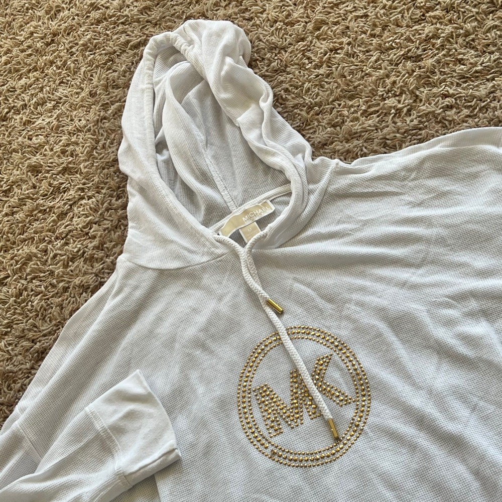 Michael Kors Womens White Waffle Knit Studded MK Logo Hoodie Pullover Medium